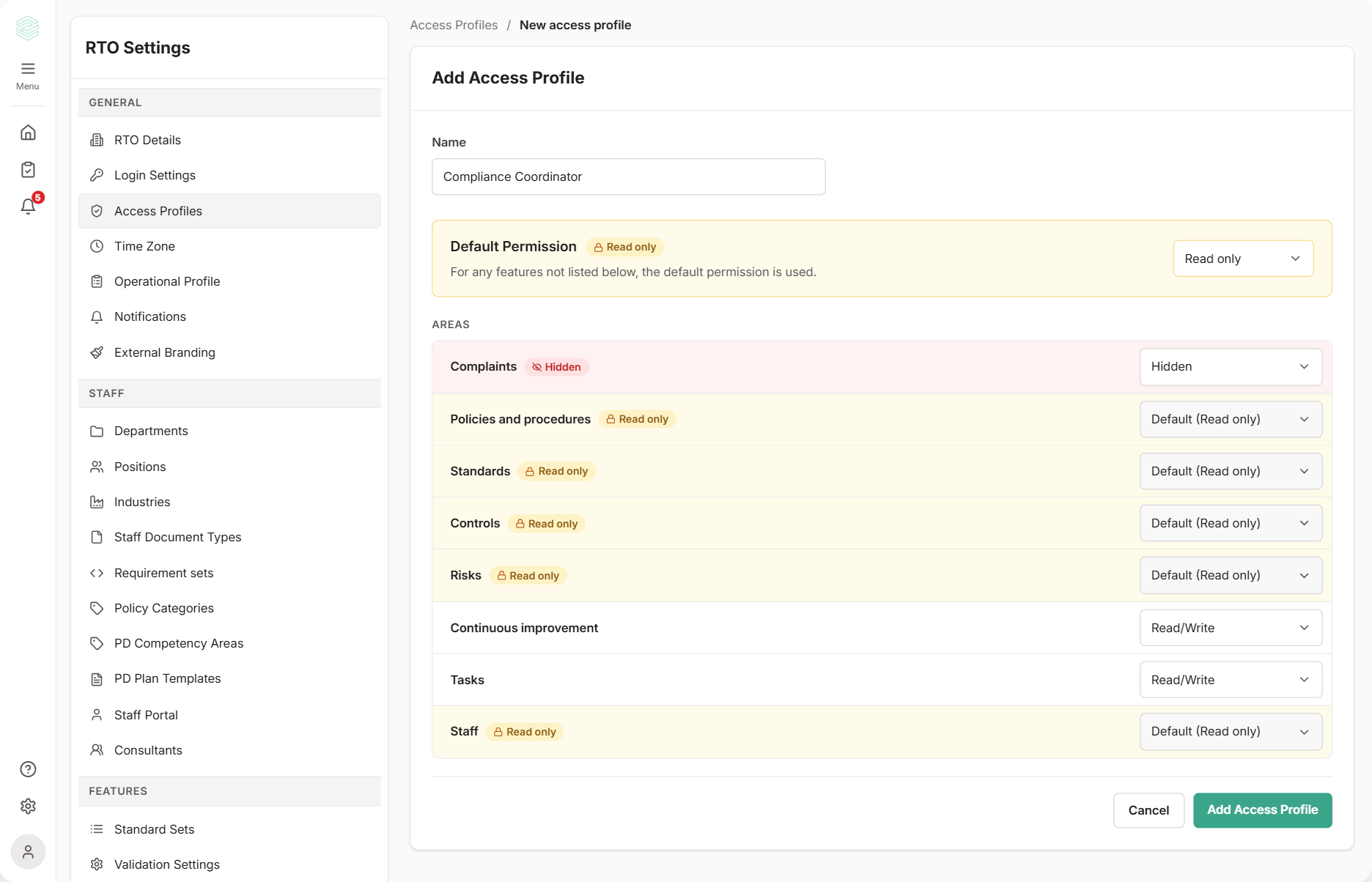 The Add Access Profile form for a Compliance Coordinator profile, with the Default Permission set to Read only, Complaints set to Hidden, Policies and procedures, Standards, Controls, Risks and Staff following the Read only default, and Continuous improvement and Tasks set to Read/Write