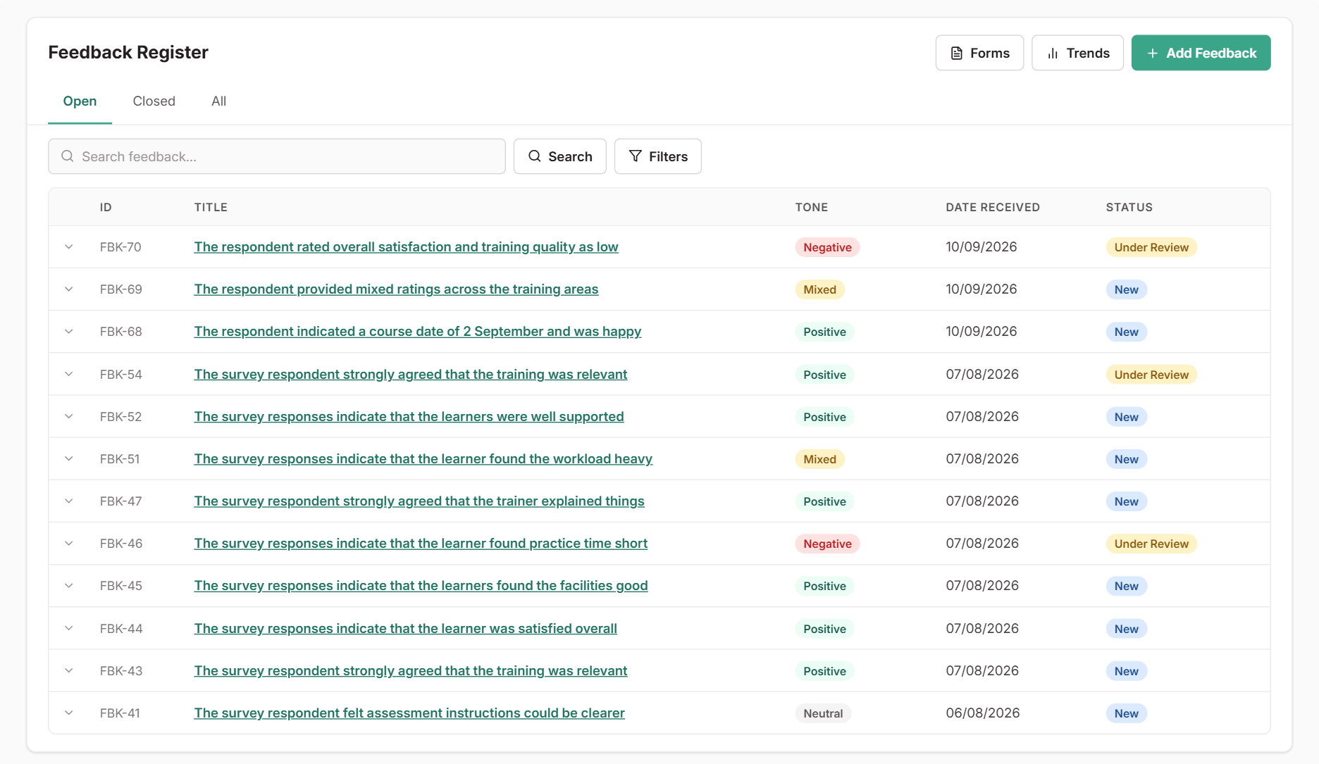 Feedback Register on the Open tab, with Forms, Trends and Add Feedback buttons at the top right and a list of feedback showing each item's ID, title, tone badge, date received and status