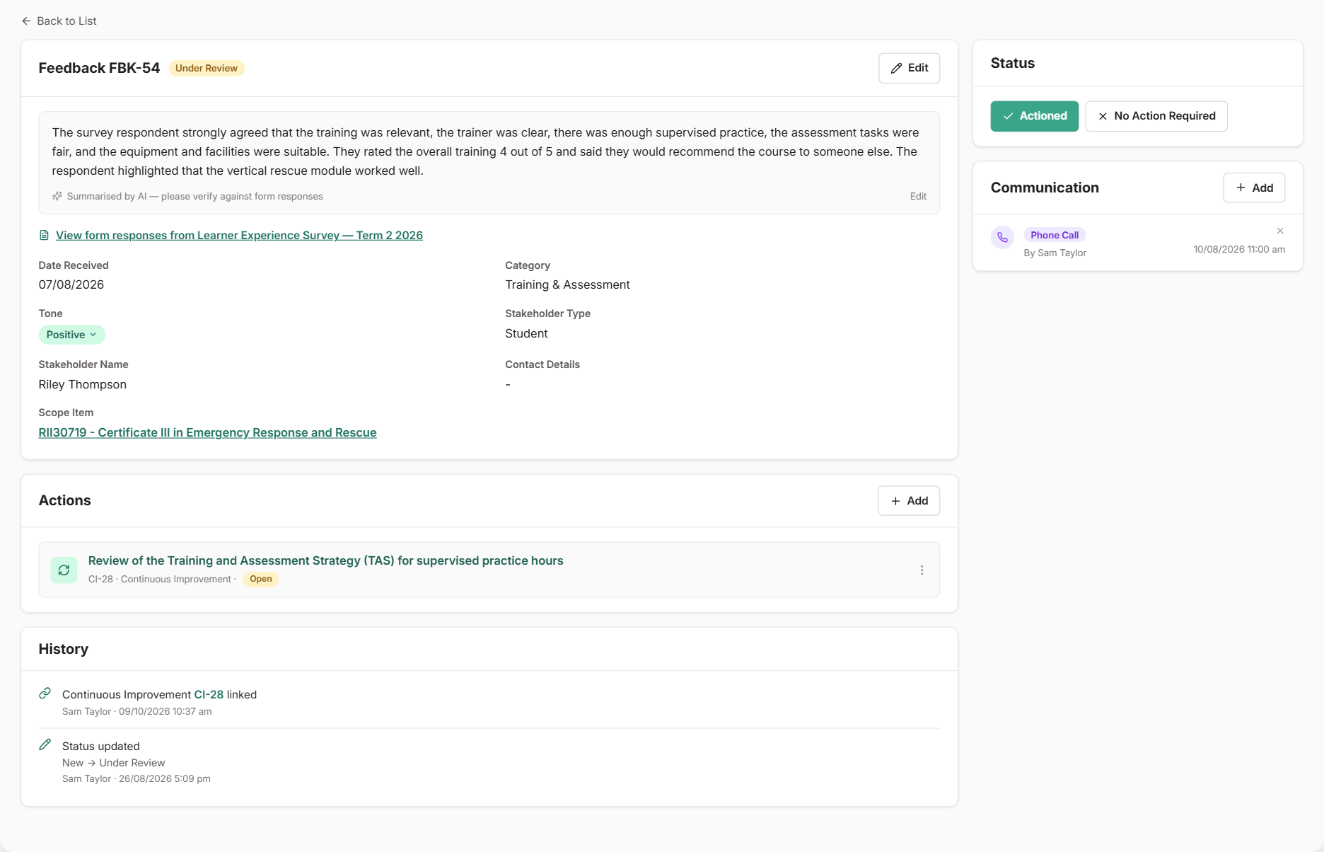Feedback record under review, showing the AI summary, details such as category and scope item, the Actioned and No Action Required buttons in the Status card, a logged phone call under Communication, a linked continuous improvement under Actions, and the History section