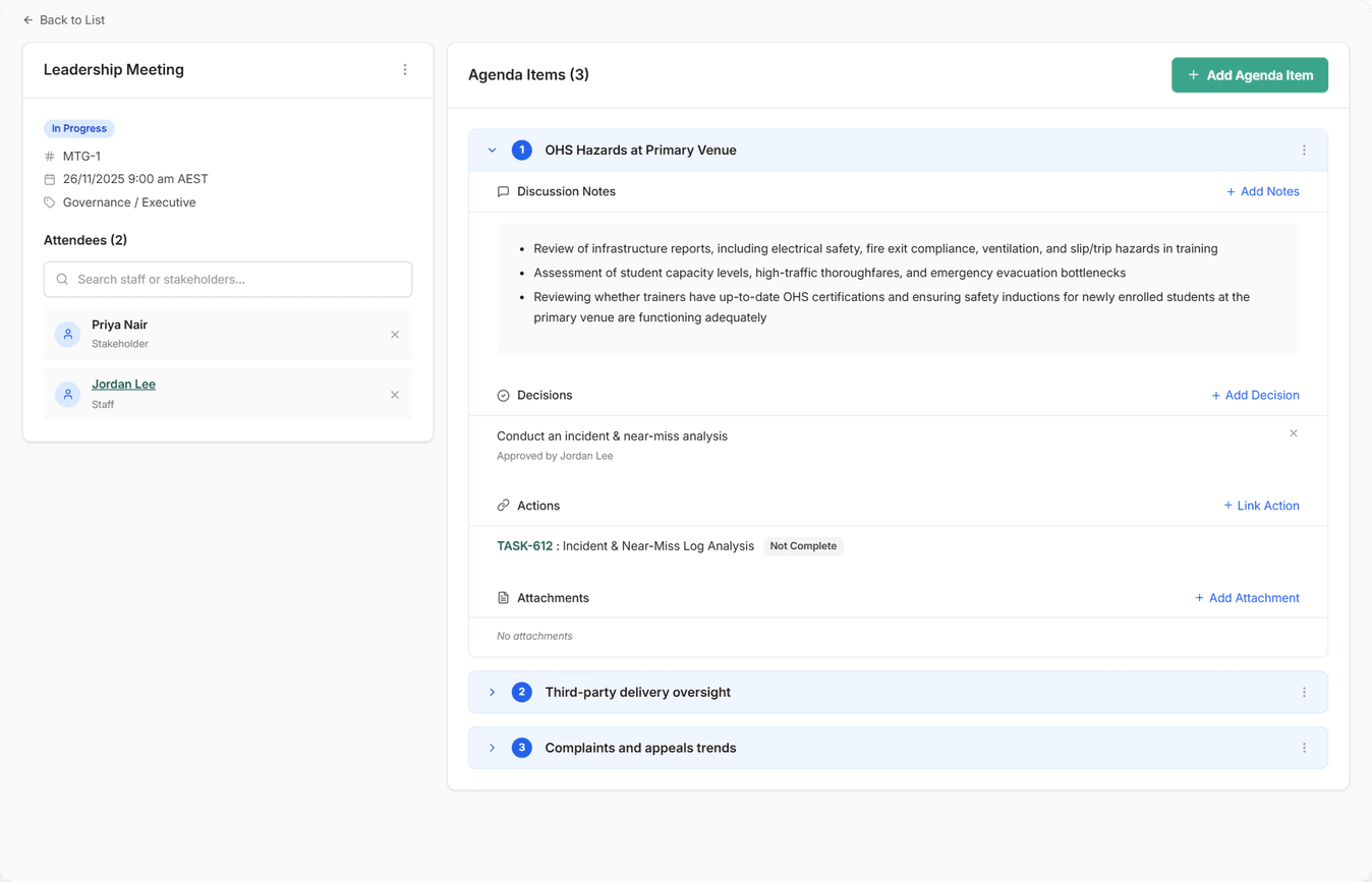 Meeting details page for an In Progress Leadership Meeting, with a staff attendee and a stakeholder attendee on the left, and the first agenda item expanded to show discussion notes, a decision approved by the staff attendee, a linked task, and the attachments section