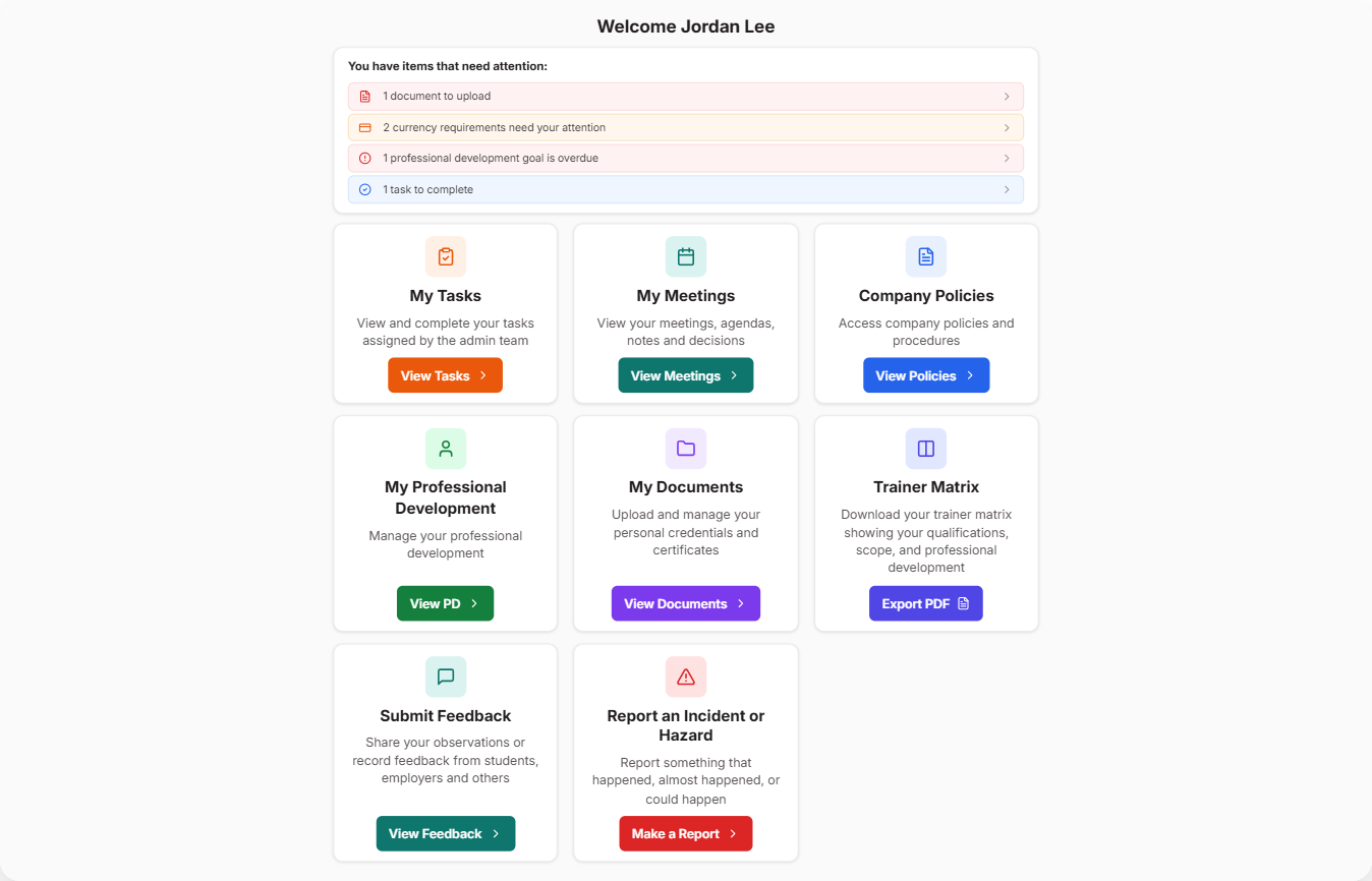 Staff Portal home screen showing cards for My Tasks, My Meetings, Company Policies, My Professional Development, My Documents, Trainer Matrix, Submit Feedback, and Report an Incident or Hazard