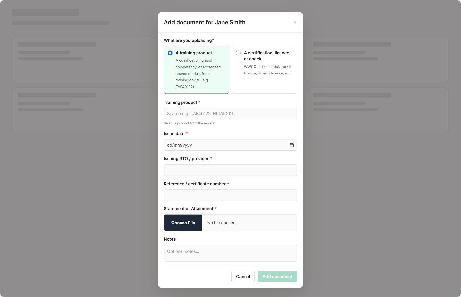 Add document form with A training product selected, showing the Training product search box, issue date, issuing RTO or provider, reference or certificate number, and the Statement of Attainment upload