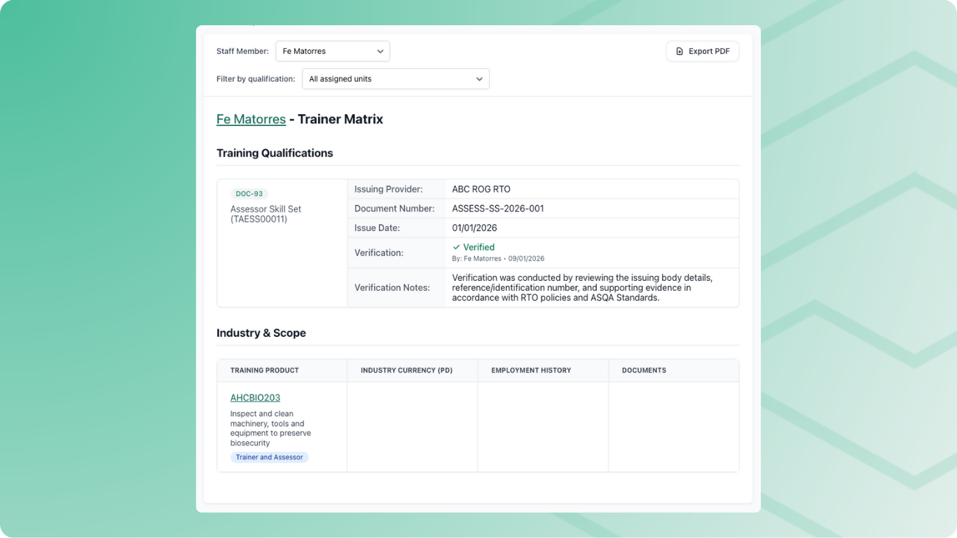 Trainer Matrix report showing qualifications and scope coverage