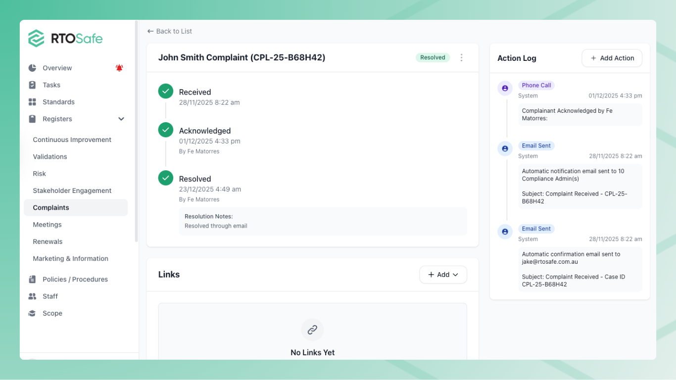 RTOSafe complaint overview showing full audit trail and timeline