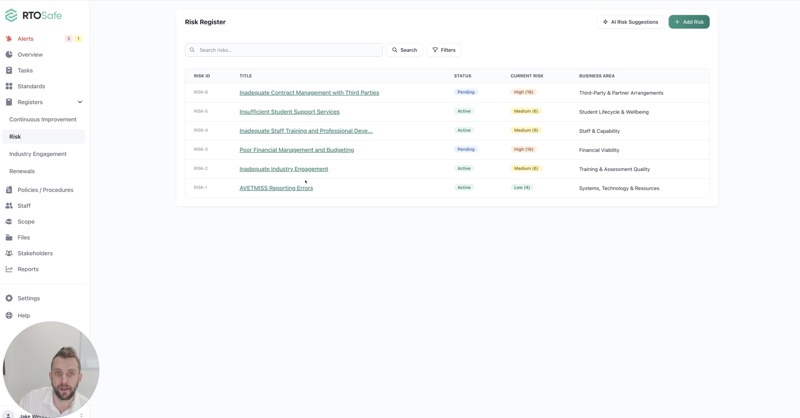 Risk Register in RTOSafe